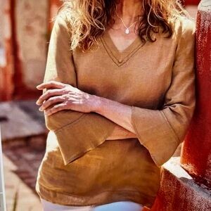 [New] J. Jill  (S) Honey Brown Linen V Neck 3/4 Flounce Sleeve Pull On Blouse